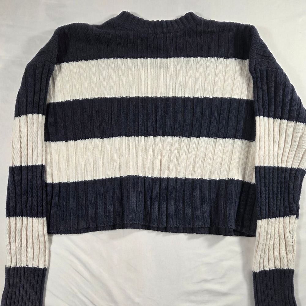 American Eagle Navy Blue Cream Striped Ribbed Knit Cropped Sweater XS